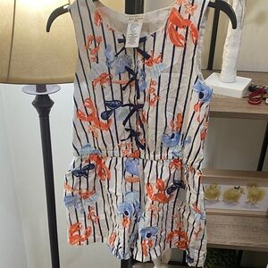 Max Studio Girls White Striped Romper with Orange & Blue Floral Print